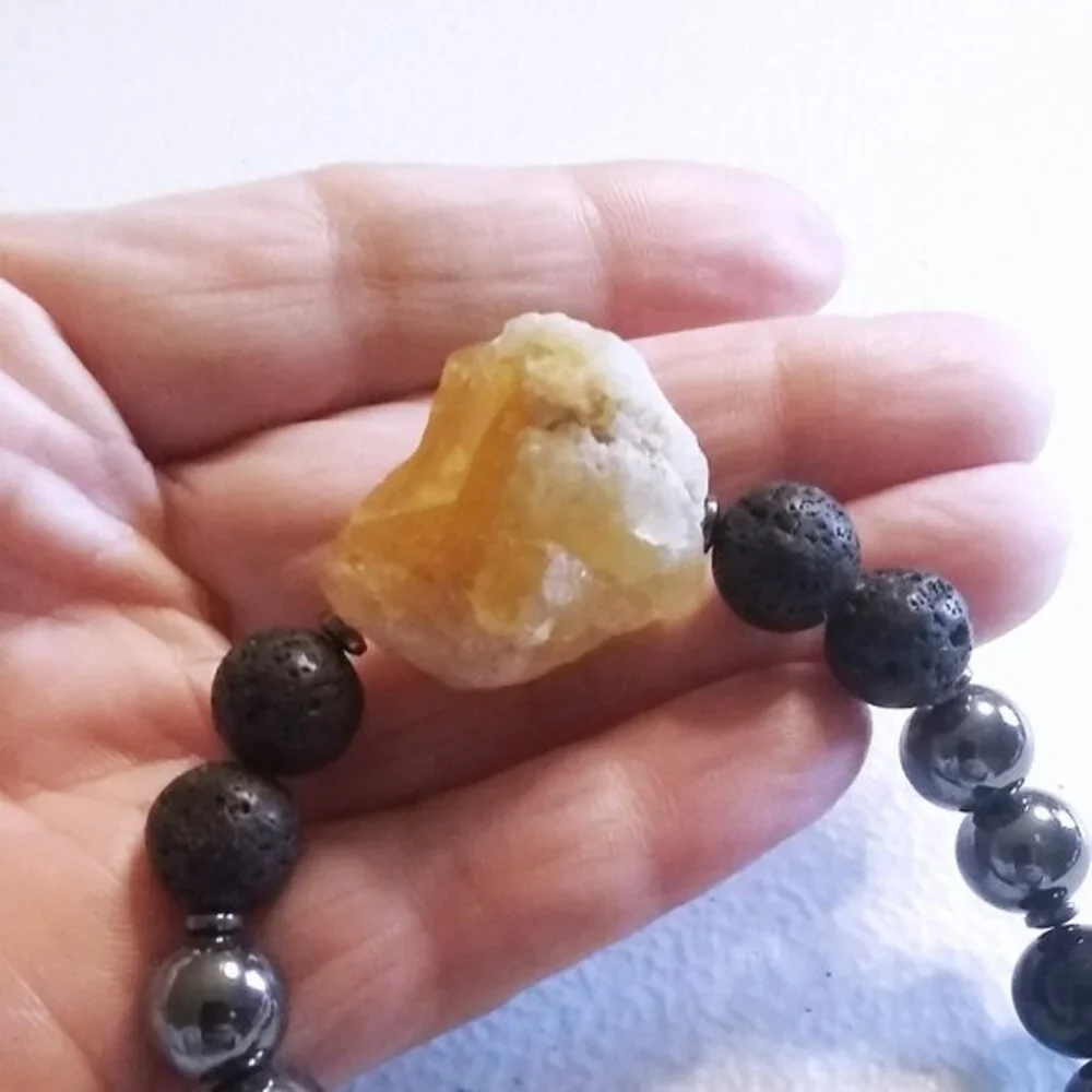 Massive!!! Raw Citrine Black Jasper Hematite & Lava Rock Men's Bracelet 8.5